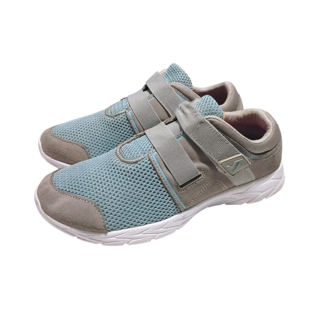 Vionic Ema Gray Suede Blue Mesh Laceless Comfort Sneakers Women's Size 8.5